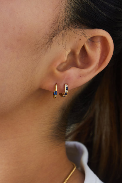 18K Saudi Gold Fine Jewelry Jewellery in the Philippines. 18 karat fine jewelry solid gold jewelry. Minimal Dainty. High quality. Classy Elegant Earrings Huggie with stones blue emerald sapphire