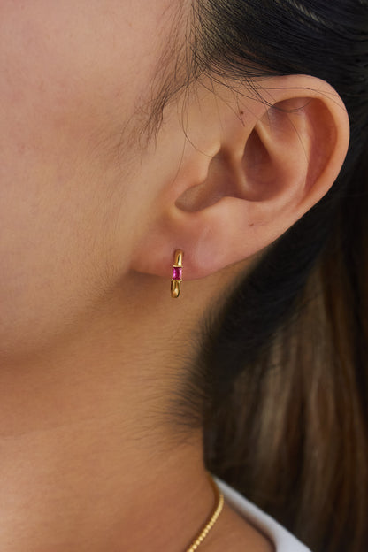 18K Saudi Gold Fine Jewelry Jewellery in the Philippines. 18 karat fine jewelry solid gold jewelry. Minimal Dainty. High quality. Classy Elegant Earrings Huggie with stones, magenta, pink emerald sapphire